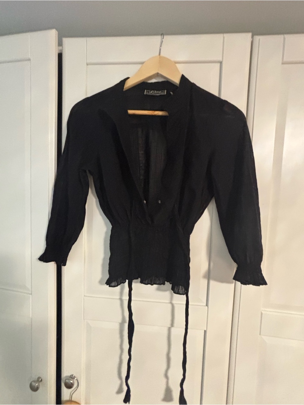 Guess Black Peasant Blouse with Smocked Waist, size small